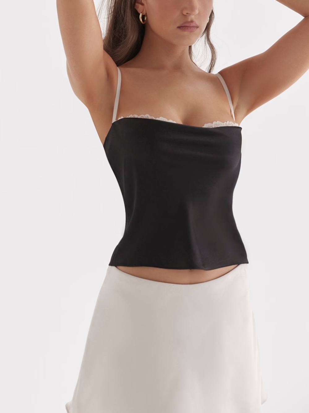 House of CB Black Satin Lace-Trim Cami Top